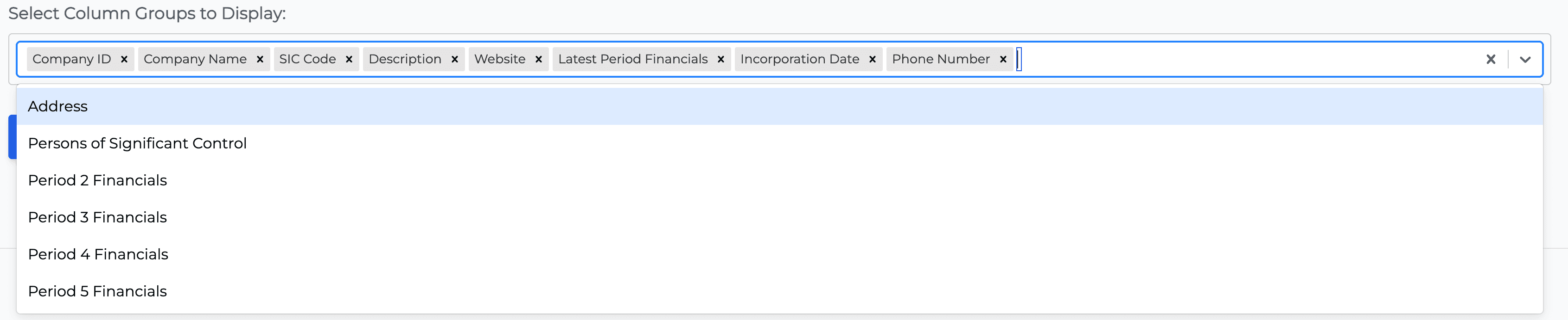 Customizable column selection interface for data tables with financial and company metrics