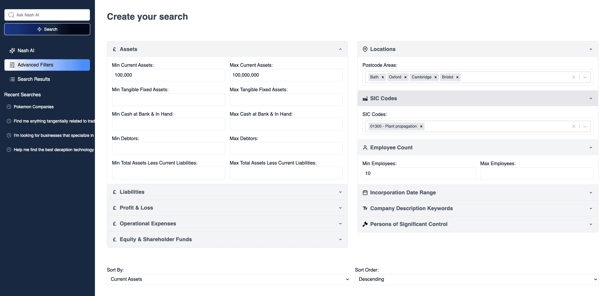 Nash AI advanced search filters interface showing financial and industry filtering options